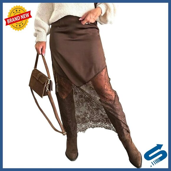 Dresses & Skirts - High Waist Satin Maxi Skirt with Lace Patchwork Y2K Style